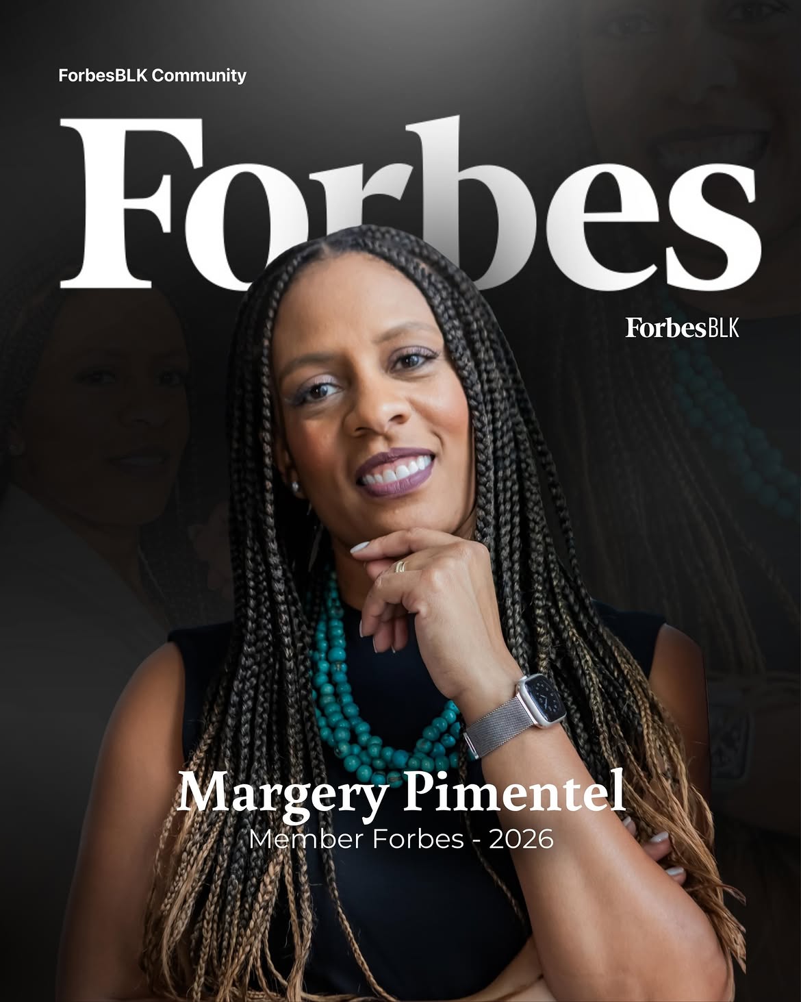 Capa da comunidade ForbesBLK com Margery Pimentel, identificada como membro Forbes 2026
